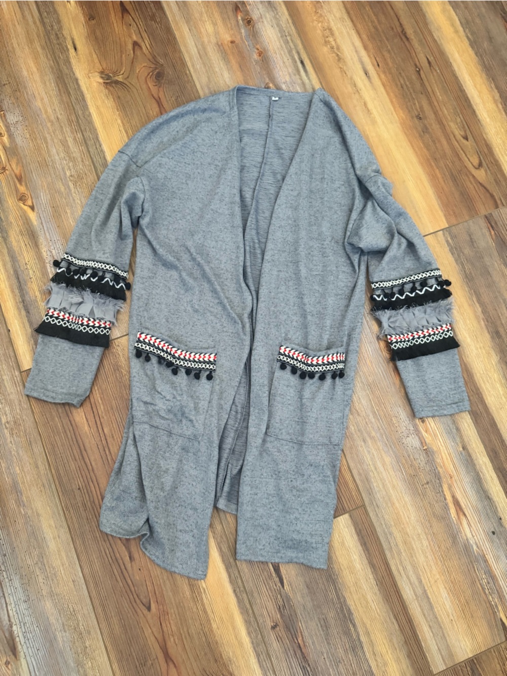 Gray Embellished Open-Front Cardigan Sweater
